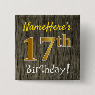 Macaron Carré 5 Cm Faux Wood, Faux Gold 17e anniversaire + Nom person