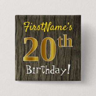 Macaron Carré 5 Cm Faux Wood, Faux Gold 20e anniversaire + Nom person