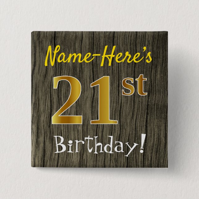 Macaron Carré 5 Cm Faux Wood, Faux Gold 21e anniversaire + Nom person (Devant)