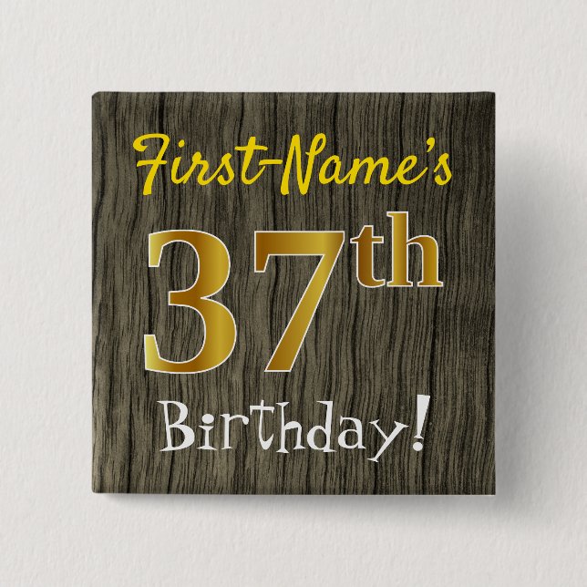 Macaron Carré 5 Cm Faux Wood, Faux Gold 37th Birthday + Custom Name (Devant)