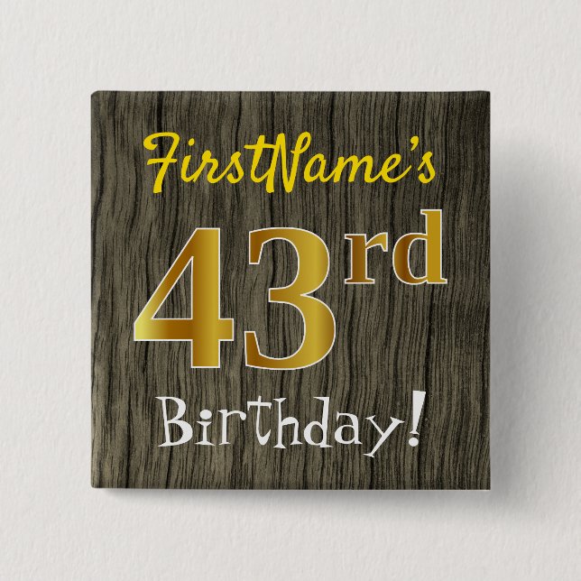 Macaron Carré 5 Cm Faux Wood, Faux Gold 43e anniversaire + Nom person (Devant)