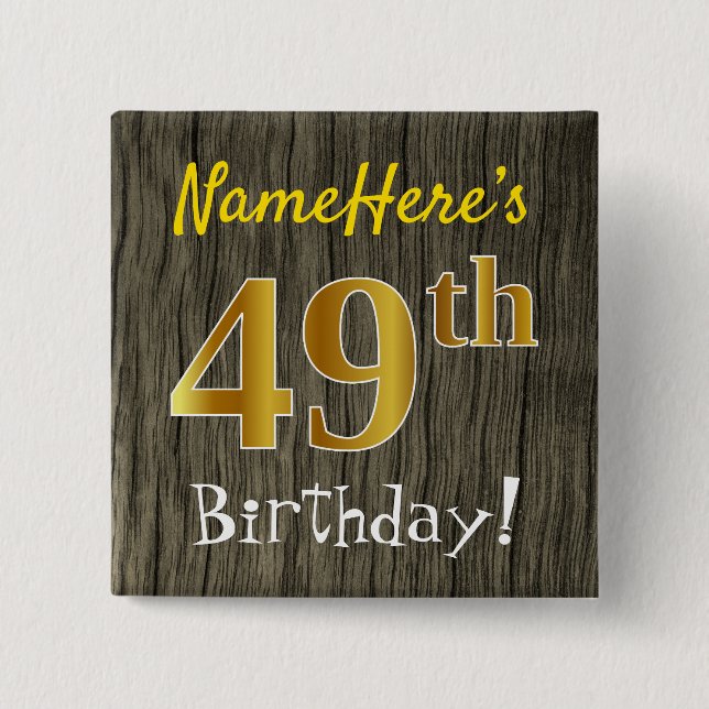 Macaron Carré 5 Cm Faux Wood, Faux Gold 49e anniversaire + Nom person (Devant)