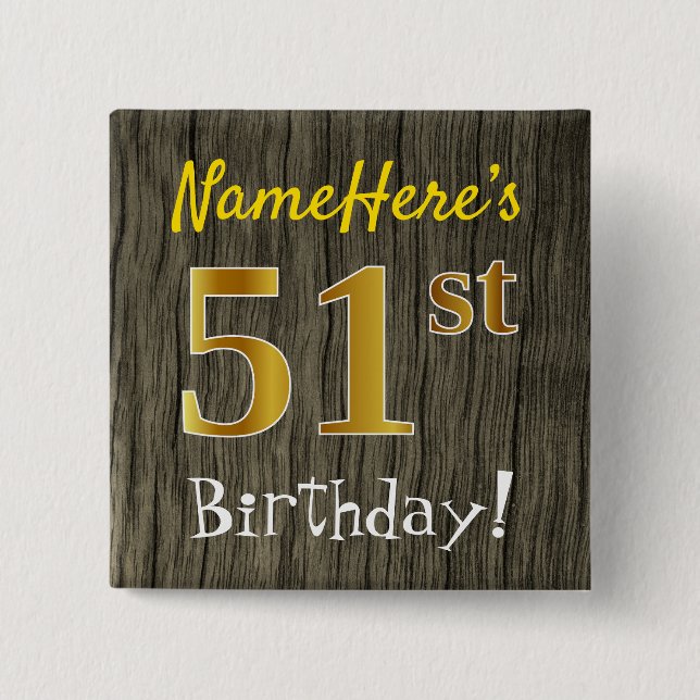 Macaron Carré 5 Cm Faux Wood, Faux Gold 51e anniversaire + Nom person (Devant)