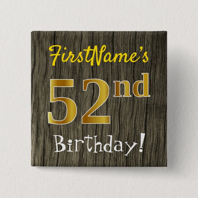 Macaron Carré 5 Cm Faux Wood, Faux Gold 52e anniversaire + Nom person (Devant)