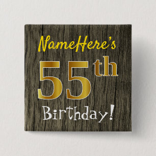 Macaron Carré 5 Cm Faux Wood, Faux Gold 55e anniversaire + Nom person