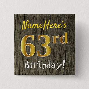 Macaron Carré 5 Cm Faux Wood, Faux Gold 63e anniversaire + Nom person