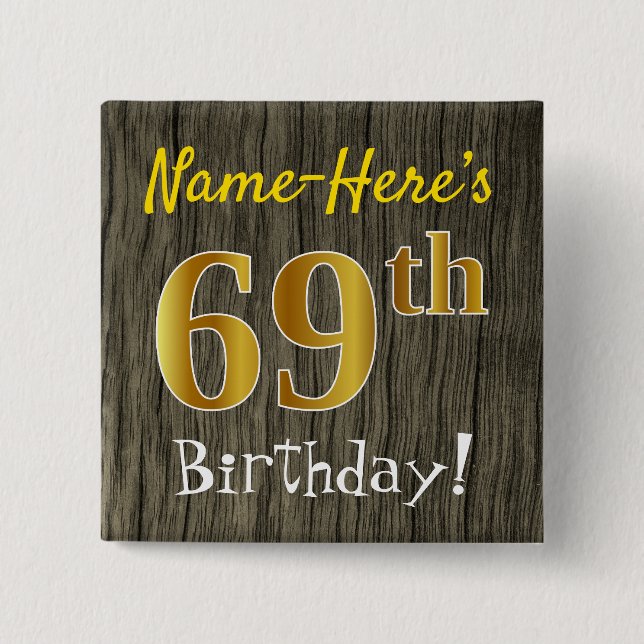 Macaron Carré 5 Cm Faux Wood, Faux Gold 69e anniversaire + Nom person (Devant)