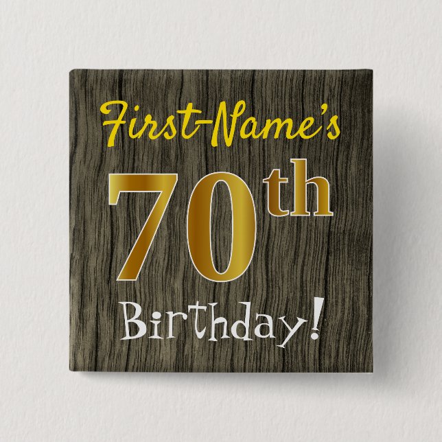 Macaron Carré 5 Cm Faux Wood, Faux Gold 70e anniversaire + Nom person (Devant)