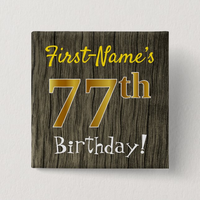 Macaron Carré 5 Cm Faux Wood, Faux Gold 77e anniversaire + Nom person (Devant)