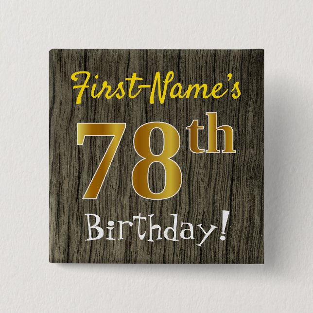 Macaron Carré 5 Cm Faux Wood, Faux Gold 78e anniversaire + Nom person (Devant)