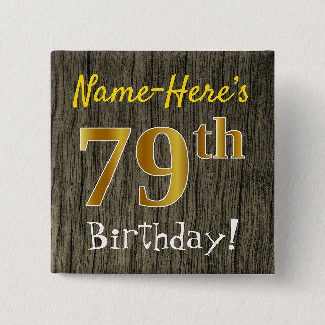 Macaron Carré 5 Cm Faux Wood, Faux Gold 79e anniversaire + Nom person (Devant)