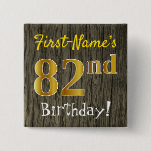 Macaron Carré 5 Cm Faux Wood, Faux Gold 82e anniversaire + Nom person