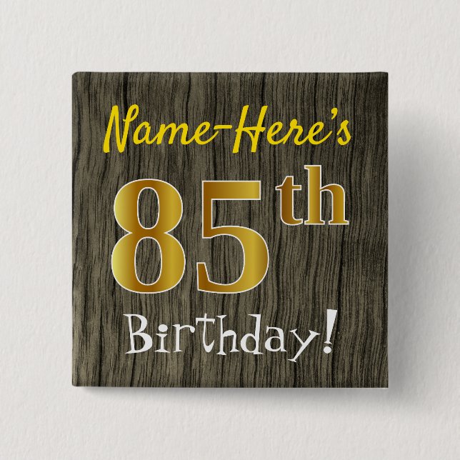 Macaron Carré 5 Cm Faux Wood, Faux Gold 85e anniversaire + Nom person (Devant)