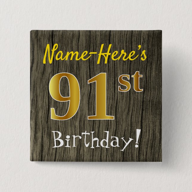 Macaron Carré 5 Cm Faux Wood, Faux Gold 91e anniversaire + Nom person (Devant)