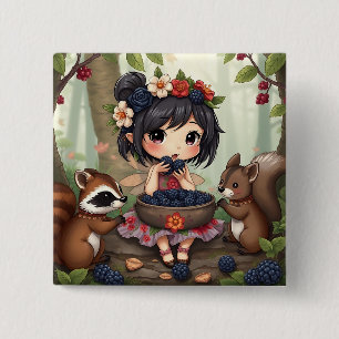 Macaron Carré 5 Cm Fée Chibi mangeant des mûres avec des amis de la f
