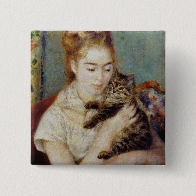 Macaron Carré 5 Cm Femme avec un chat par Pierre-Auguste Renoir (Devant)