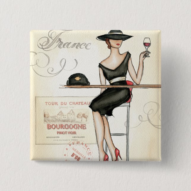 Macaron Carré 5 Cm Femme française buvant du vin rouge (Devant)