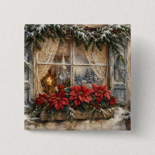 Macaron Carré 5 Cm Fenêtre de Noël au poinsettia enneigé