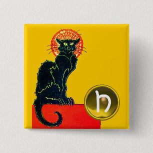 MACARON CARRÉ 5 CM FÊTE D'HALLOWEEN CHAT NOIR MONOGRAMME