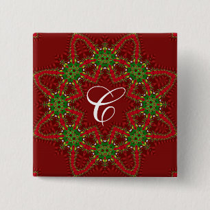 Macaron Carré 5 Cm Fêtes Rouge & Vert Monogramme Bouton