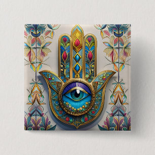 Macaron Carré 5 Cm Filigree couleur or bleu-vert troisième oeil Hamsa