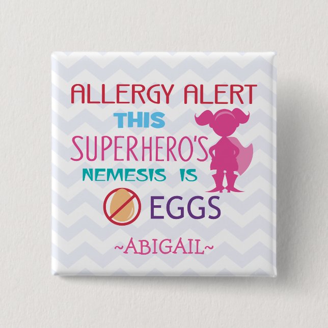 Macaron Carré 5 Cm Fille de super héros d'alerte d'allergie d'oeufs (Devant)