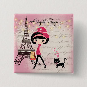 Macaron Carré 5 Cm Fille et chat personnalisés à Paris Tour Eiffel