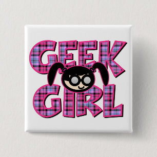 Macaron Carré 5 Cm Fille Geek à Carreaux avec Graphisme