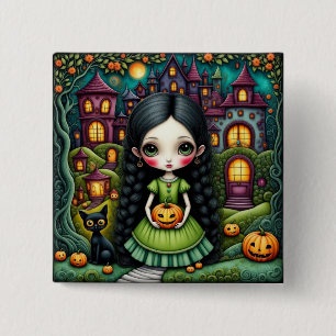 Macaron Carré 5 Cm Fille gothique mignonne citrouille village Hallowe