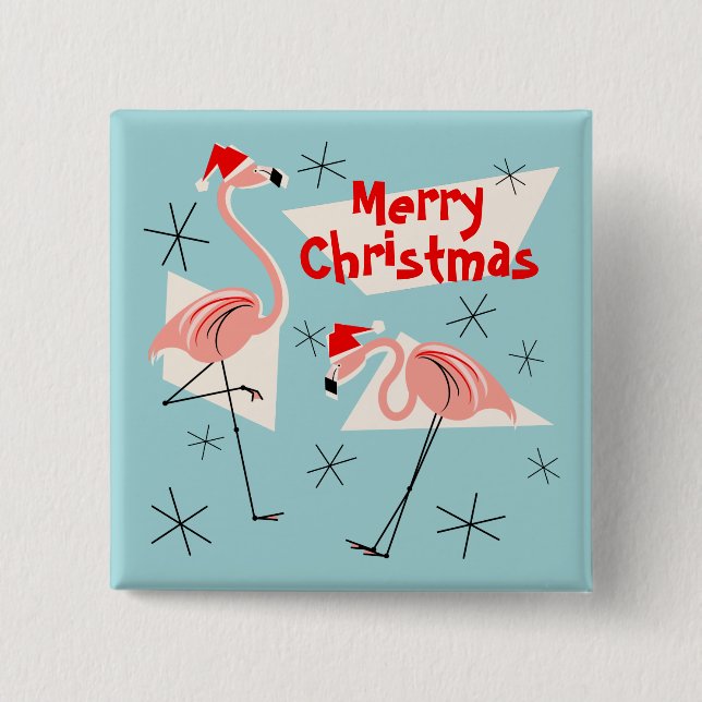Macaron Carré 5 Cm Flamant rose Santas Bleu Joyeux Noël bouton carré (Devant)