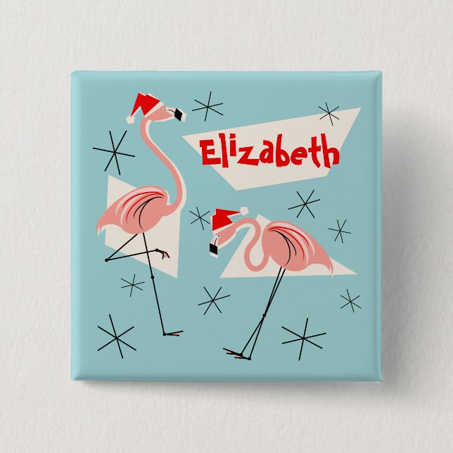 Macaron Carré 5 Cm Flamant rose Santas Bleu Nom carré du bouton (Devant)