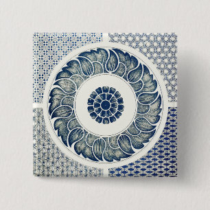 Macaron Carré 5 Cm Fleur bleue blanche chinoise ronde