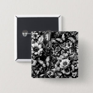 Macaron Carré 5 Cm Fleurs Antiques Monochromes avec Papillons