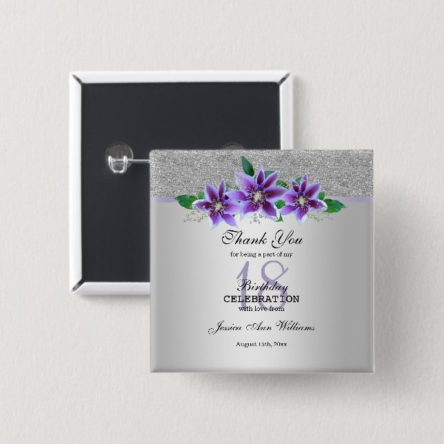 Macaron Carré 5 Cm Fleurs Clematis et Argent Classy 18e anniversaire (Devant & derrière)