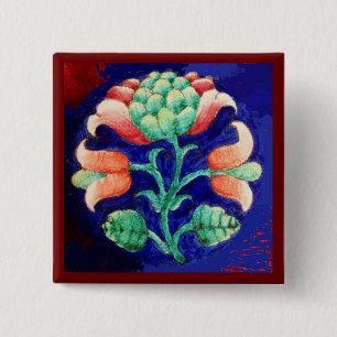 MACARON CARRÉ 5 CM FLEURS ROSES STYLISÉES, FLEURS VERTES BLEUES