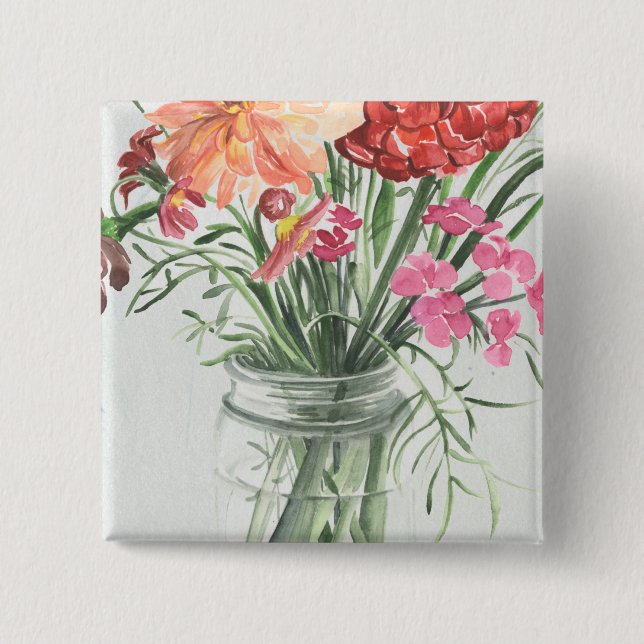 Macaron Carré 5 Cm Fleurs sauvages d'été - Rose & Rouge (Devant)