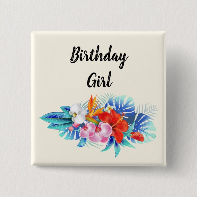 Macaron Carré 5 Cm Fleurs tropicales exotiques - Fille d'anniversaire (Devant)