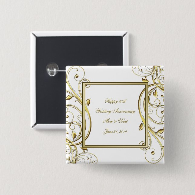 Macaron Carré 5 Cm Florish Gold White 50e anniversaire Mariage (Devant & derrière)