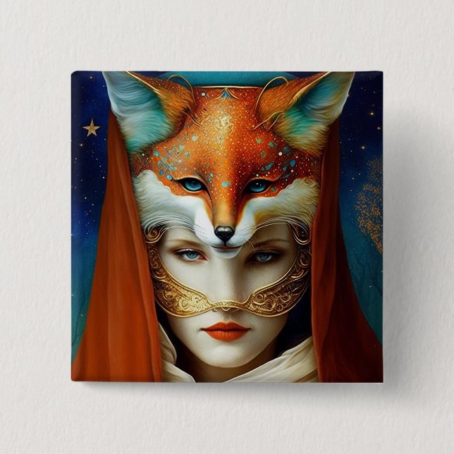 Macaron Carré 5 Cm Fox Femme Surreal Imaginaire Art (Devant)