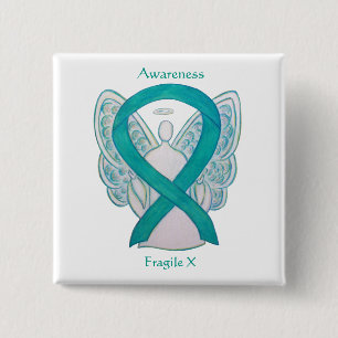 Macaron Carré 5 Cm Fragile X Turquoise Sensibilisation Angle Ruban Pi