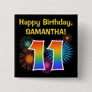 Macaron Carré 5 Cm Fun Fireworks + Rainbow Motif "11" Anniversaire #