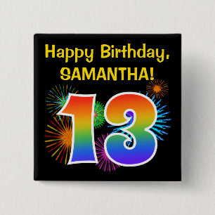 Macaron Carré 5 Cm Fun Fireworks + Rainbow Motif "13" Anniversaire #