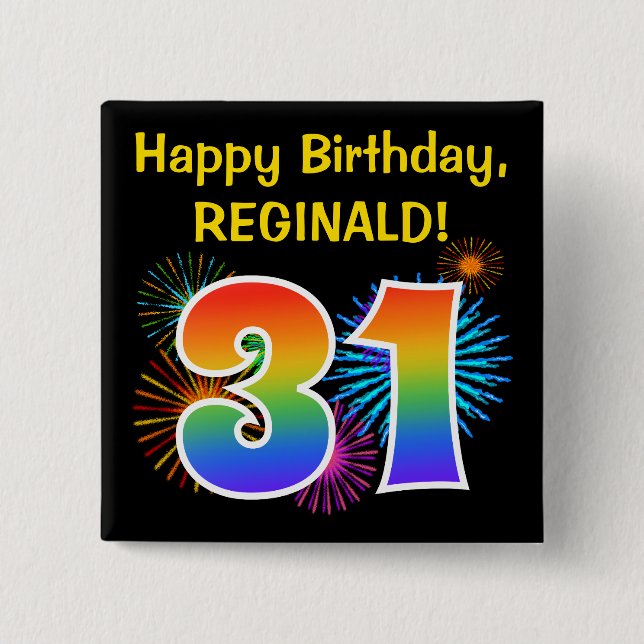 Macaron Carré 5 Cm Fun Fireworks + Rainbow Motif "31" Anniversaire # (Devant)