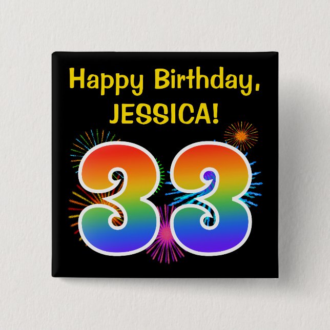 Macaron Carré 5 Cm Fun Fireworks + Rainbow Motif "33" Anniversaire # (Devant)