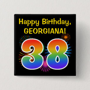 Macaron Carré 5 Cm Fun Fireworks + Rainbow Motif "38" Anniversaire #