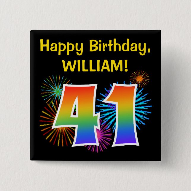 Macaron Carré 5 Cm Fun Fireworks + Rainbow Motif "41" Anniversaire # (Devant)