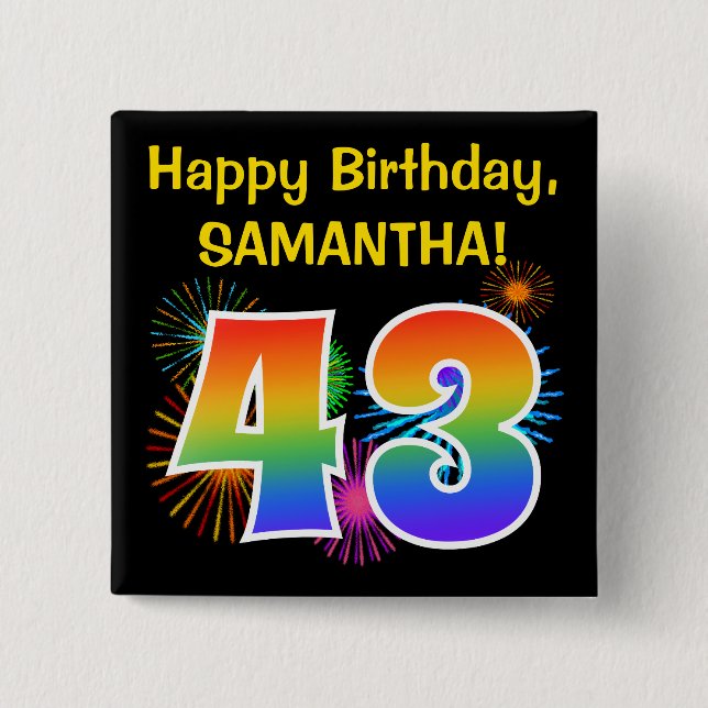 Macaron Carré 5 Cm Fun Fireworks + Rainbow Motif "43" Anniversaire # (Devant)
