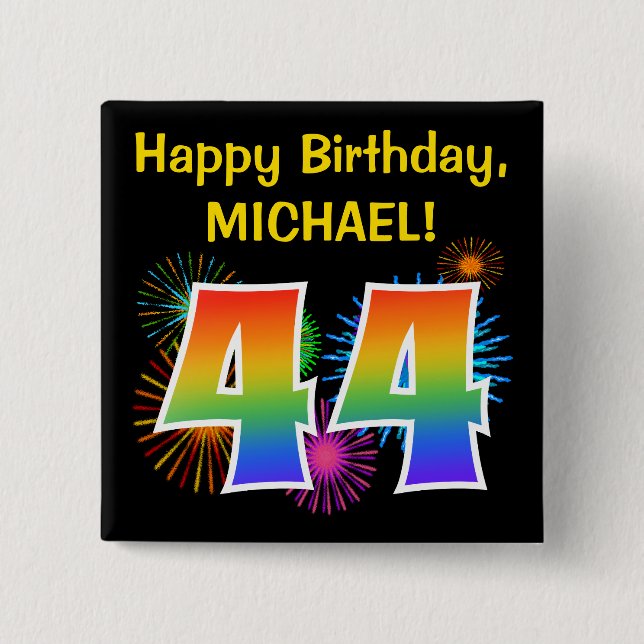 Macaron Carré 5 Cm Fun Fireworks + Rainbow Motif "44" Anniversaire # (Devant)