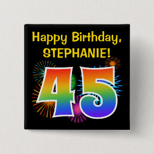 Macaron Carré 5 Cm Fun Fireworks + Rainbow Motif "45" Anniversaire #