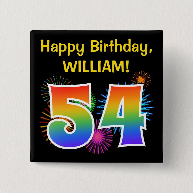 Macaron Carré 5 Cm Fun Fireworks + Rainbow Motif "54" Anniversaire # (Devant)